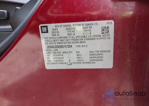 2016 Chevrolet Equinox Lt from USA, damaged, VIN 2GNALCEK5G6151254
